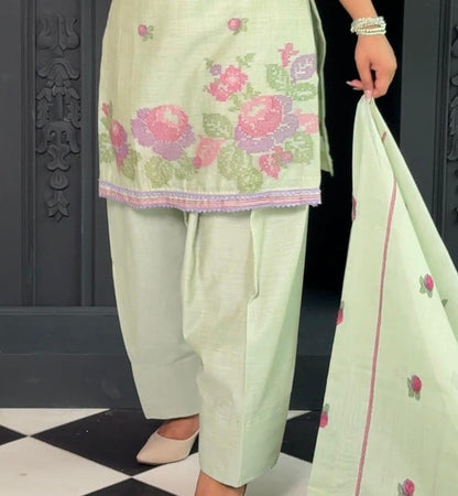 Rozera - Pastel Green Kasuti-Inspired Farshi Set